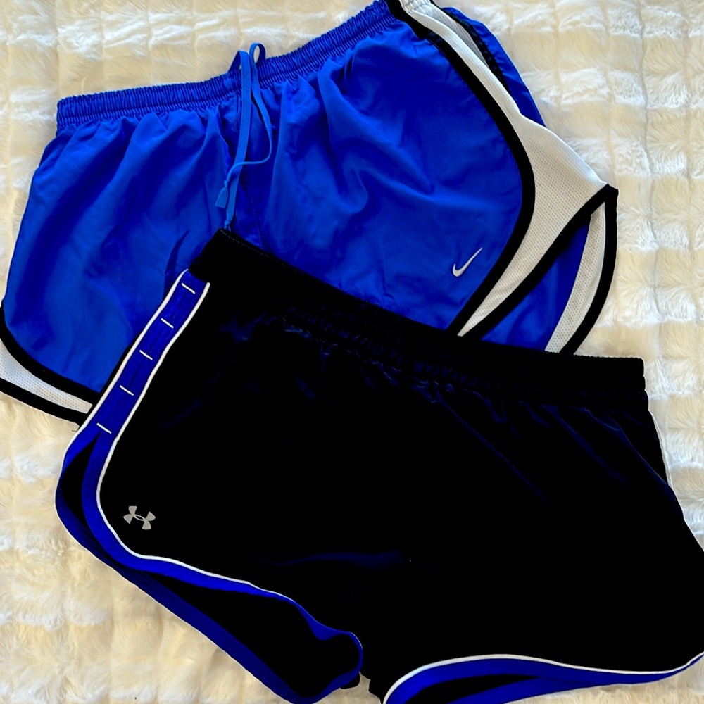 NIKE, UNDER  ARMOUR Ladies Active Shorts, lot of 2, Black & Royal, SZ Med
